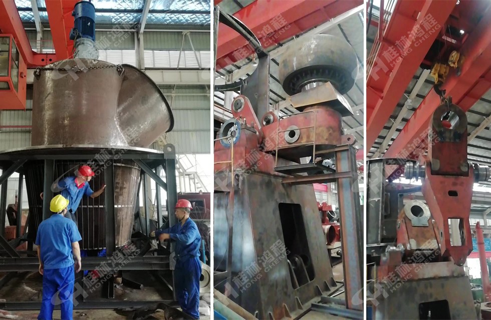 桂林鴻程立式磨粉機(jī)技術(shù)工人在生產(chǎn)車間組裝立磨磨輥與選粉機(jī) 桂林鴻程立式磨粉機(jī)技術(shù)工人在生產(chǎn)車間組裝立磨磨輥與選粉機(jī)